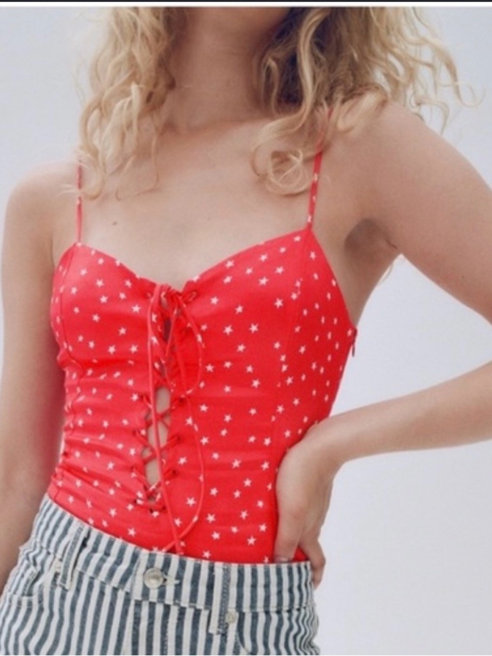 Zara Red Satin Effect Lace Up Star Bodysuit XS